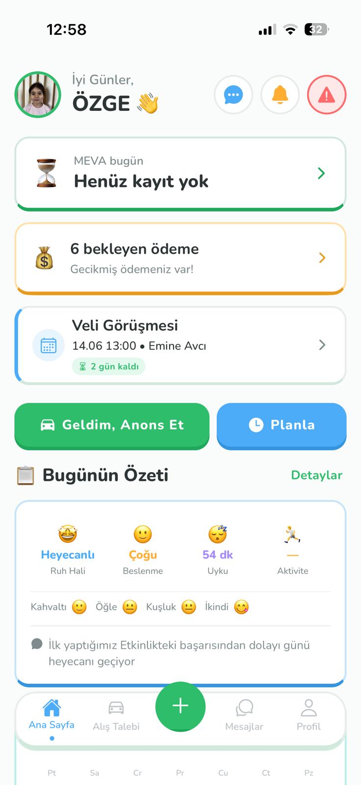 AnaokuluABC veli mobil uygulaması — ana ekran